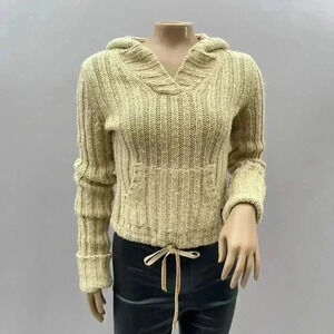 Lambswool Knit Sweater Size M Tan Chunky Hooded Crop Y2K Casual Boho Cabin Basic